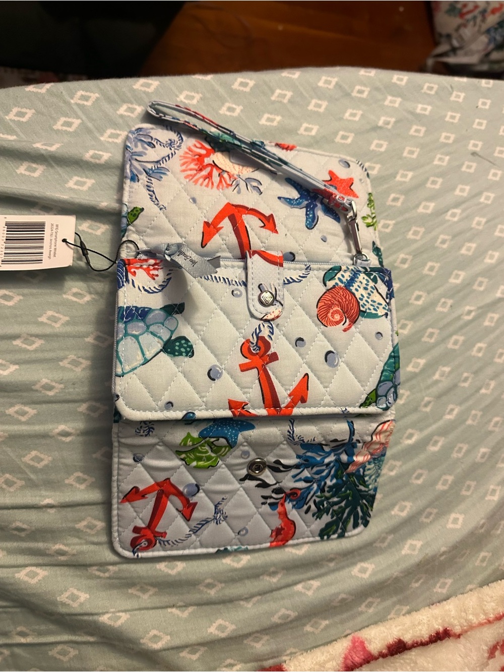 Vera Bradley Light Blue Quilted Wristlet with Nautical Seashell & Anchor Print - Picture 3 of 3